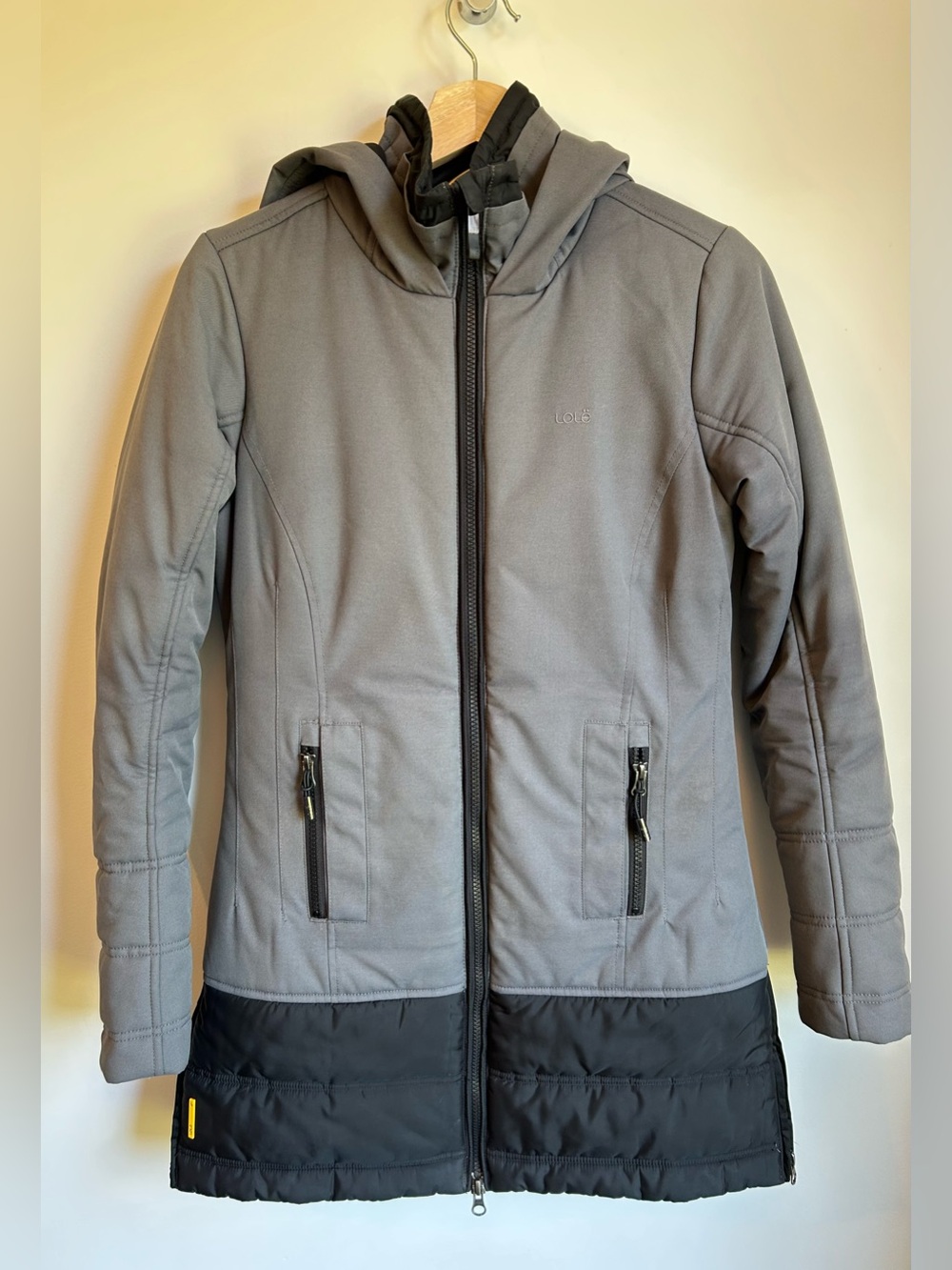 Lolë Montreal Live Out Loud Hybrid Hooded Mid-Length Jacket Coat Grey Black XS